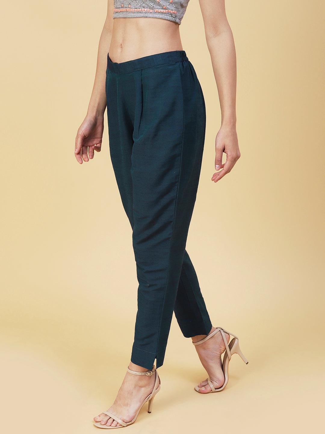 Solid Slub Pants - Teal - Indiakreations