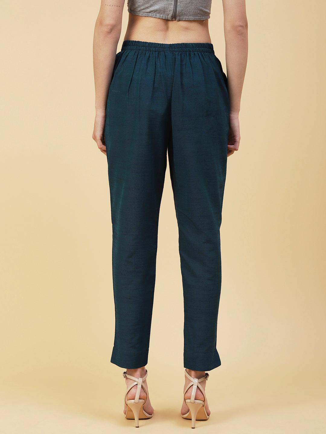 Solid Slub Pants - Teal - Indiakreations