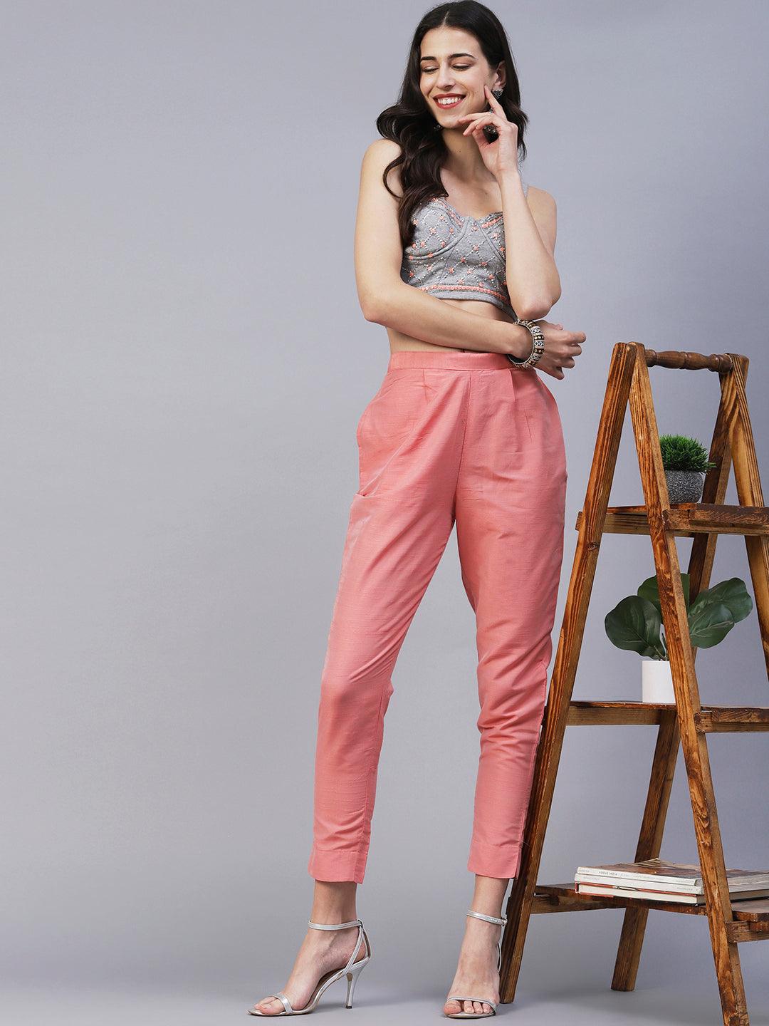 Solid Slub Pants - Peach - Indiakreations