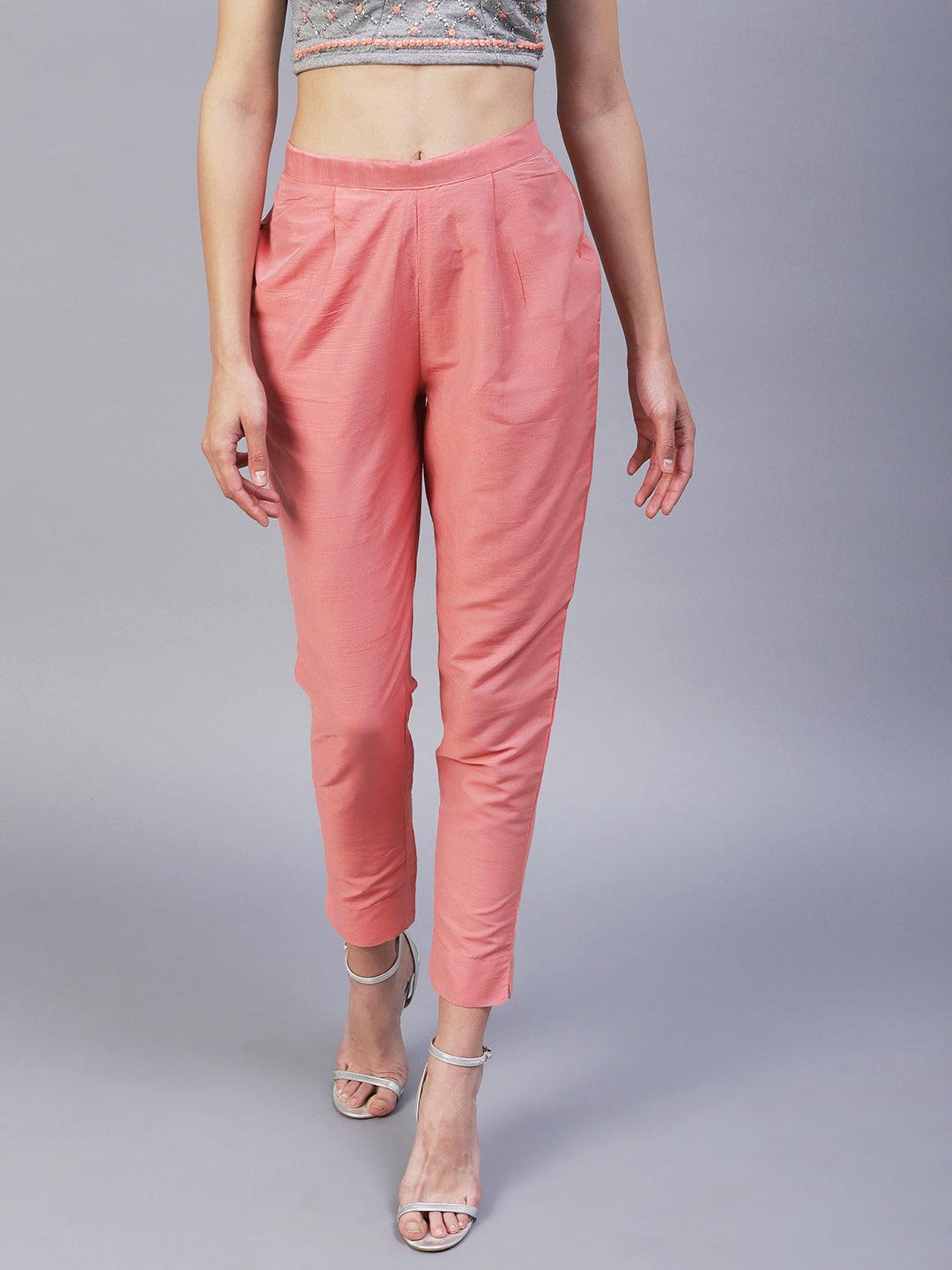 Solid Slub Pants - Peach - Indiakreations