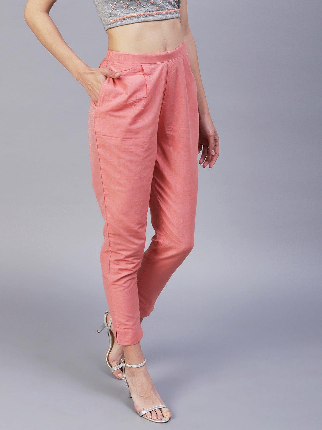 Solid Slub Pants - Peach - Indiakreations