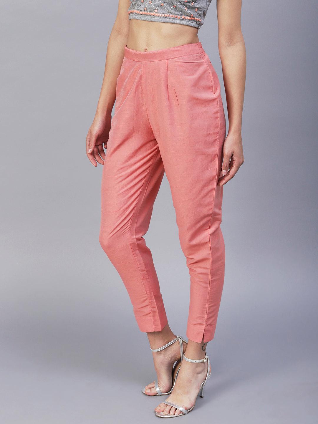 Solid Slub Pants - Peach - Indiakreations