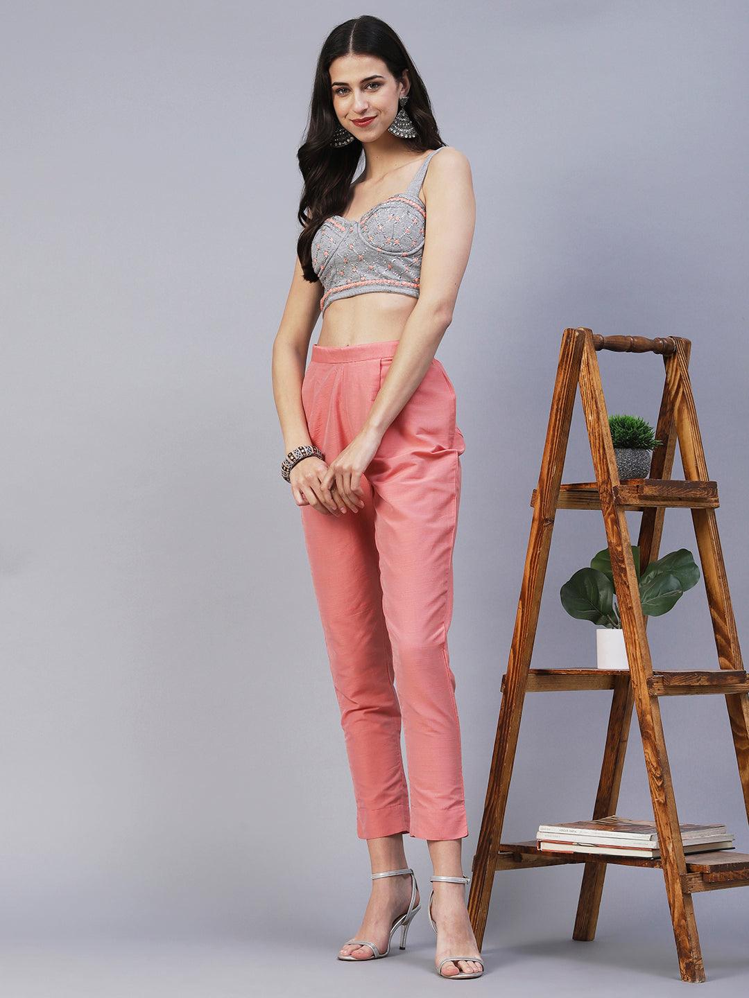 Solid Slub Pants - Peach - Indiakreations