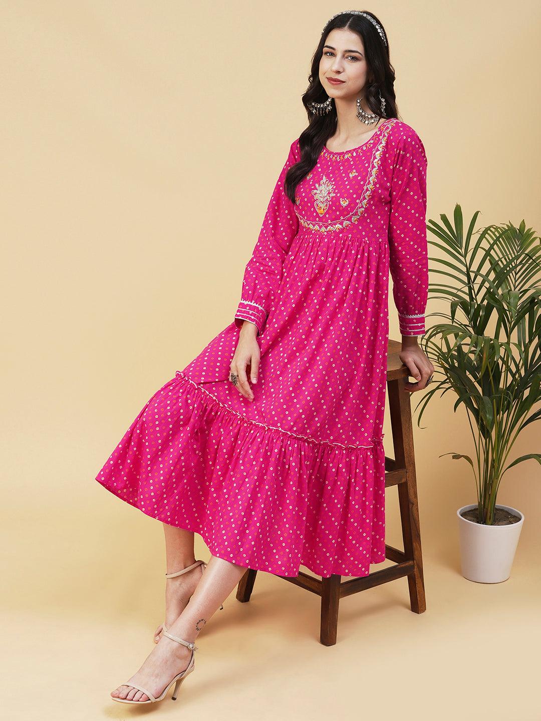 Bandhani Printed & Gota Embroidered Tiered Fit & Flare Midi Dress - Rani Pink - Indiakreations