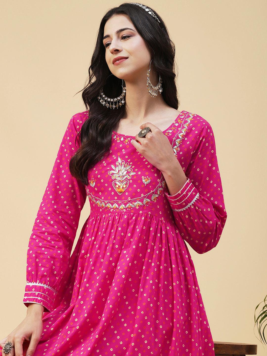 Bandhani Printed & Gota Embroidered Tiered Fit & Flare Midi Dress - Rani Pink - Indiakreations