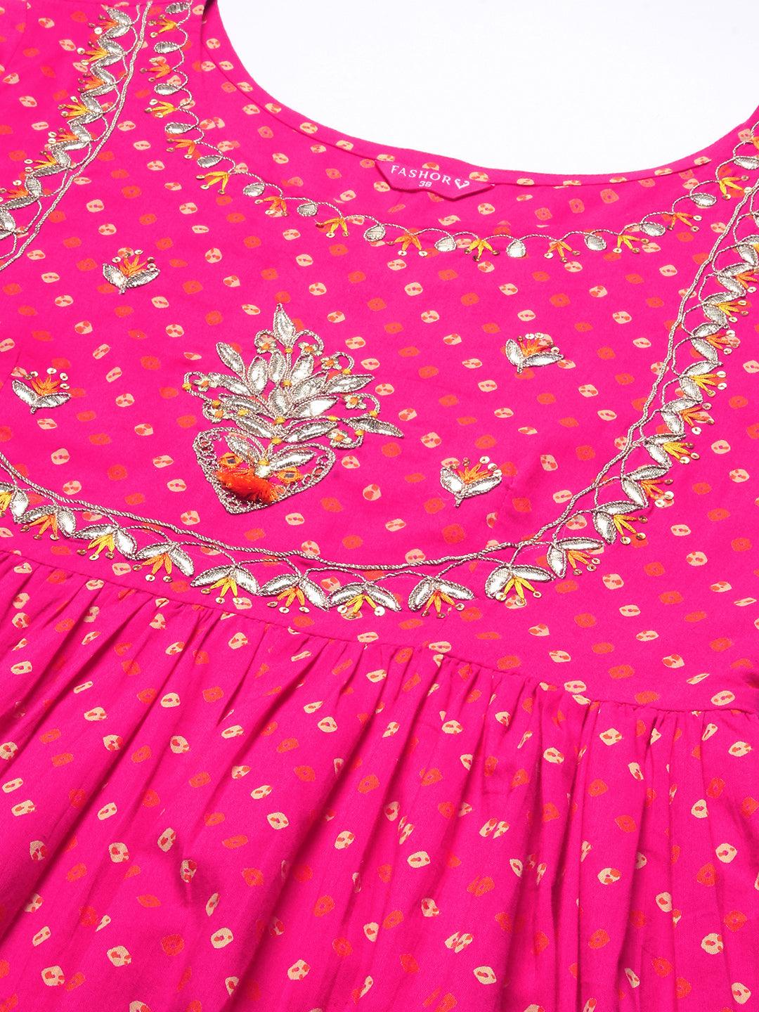 Bandhani Printed & Gota Embroidered Tiered Fit & Flare Midi Dress - Rani Pink - Indiakreations