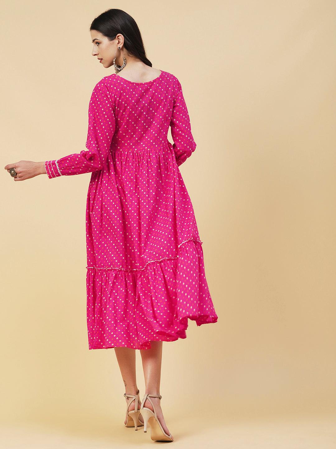 Bandhani Printed & Gota Embroidered Tiered Fit & Flare Midi Dress - Rani Pink - Indiakreations