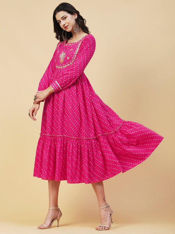 Bandhani Printed & Gota Embroidered Tiered Fit & Flare Midi Dress - Rani Pink - Indiakreations