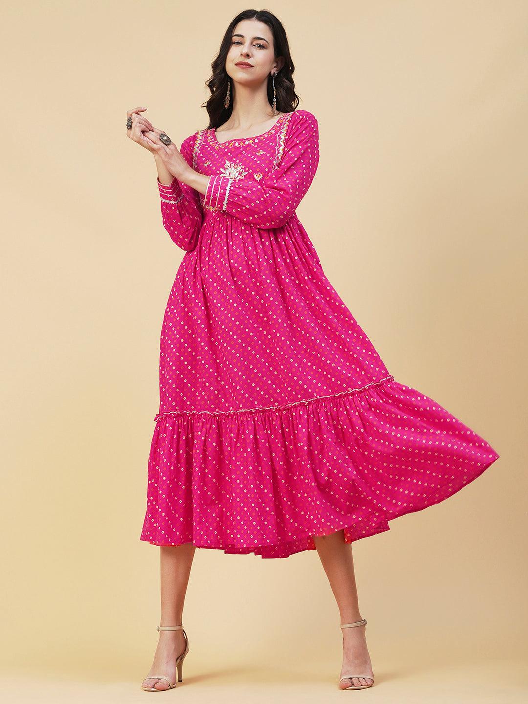 Bandhani Printed & Gota Embroidered Tiered Fit & Flare Midi Dress - Rani Pink - Indiakreations