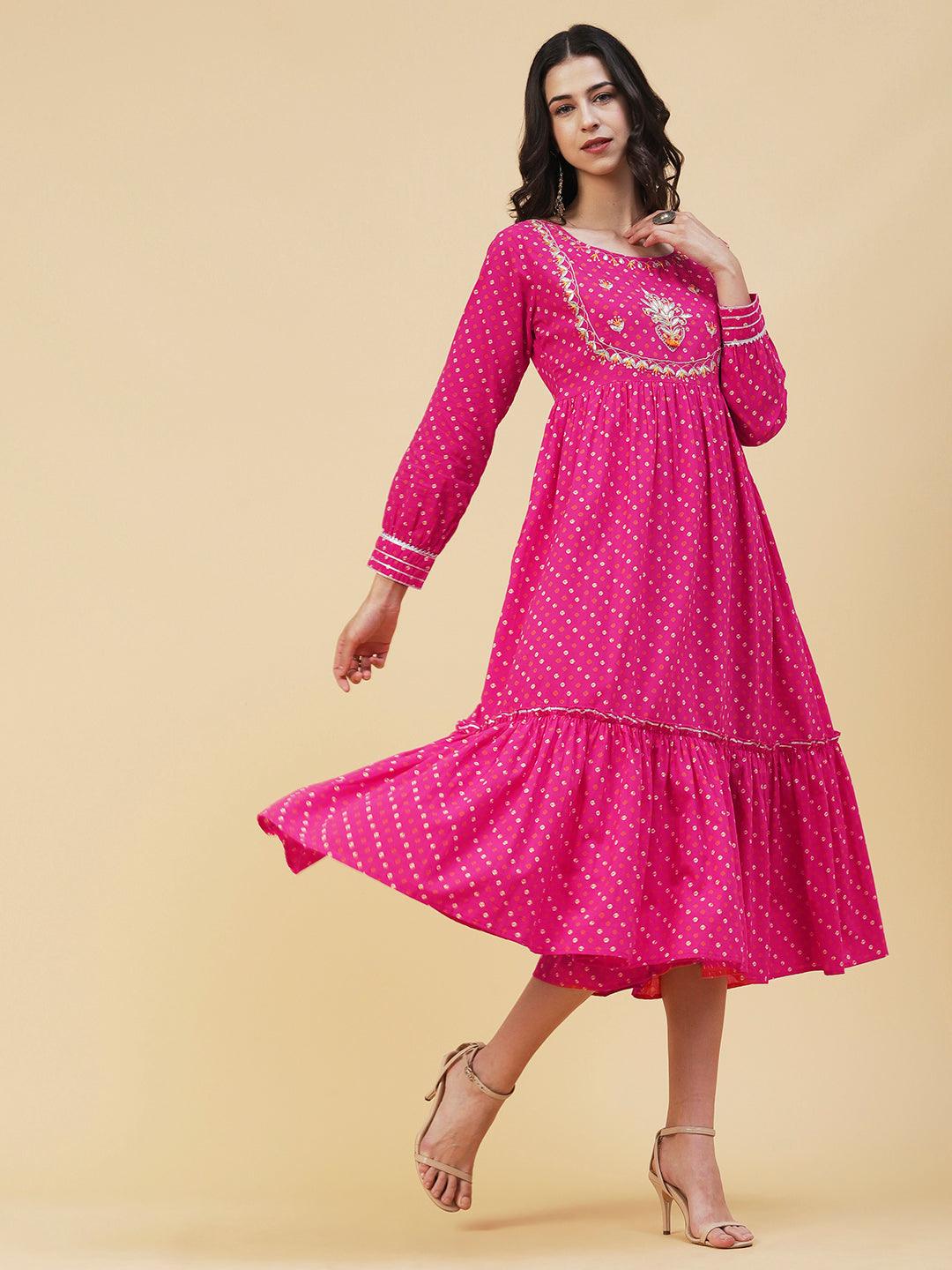 Bandhani Printed & Gota Embroidered Tiered Fit & Flare Midi Dress - Rani Pink - Indiakreations