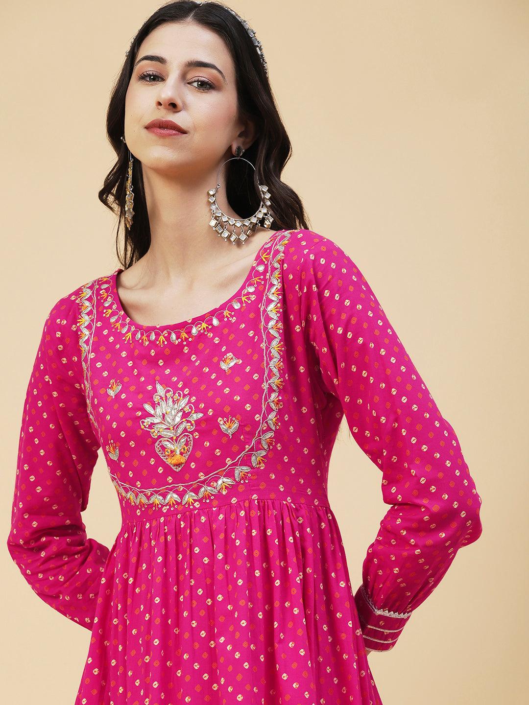 Bandhani Printed & Gota Embroidered Tiered Fit & Flare Midi Dress - Rani Pink - Indiakreations