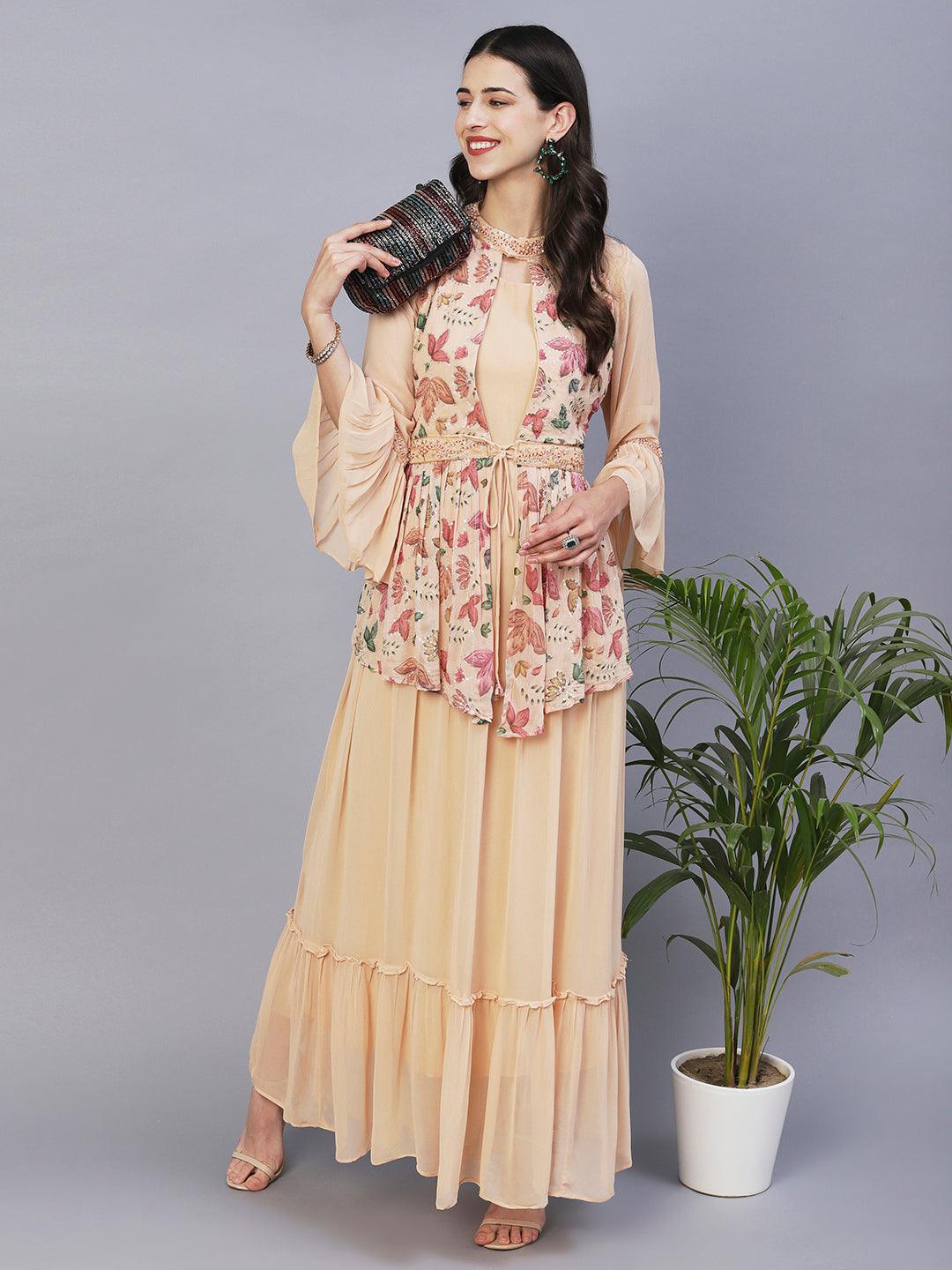 Floral Printed Embroidered Layered Dress With Attached Belt - Beige - Indiakreations