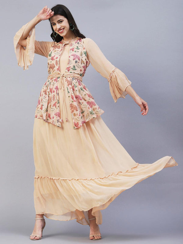 Floral Printed Embroidered Layered Dress With Attached Belt - Beige - Indiakreations