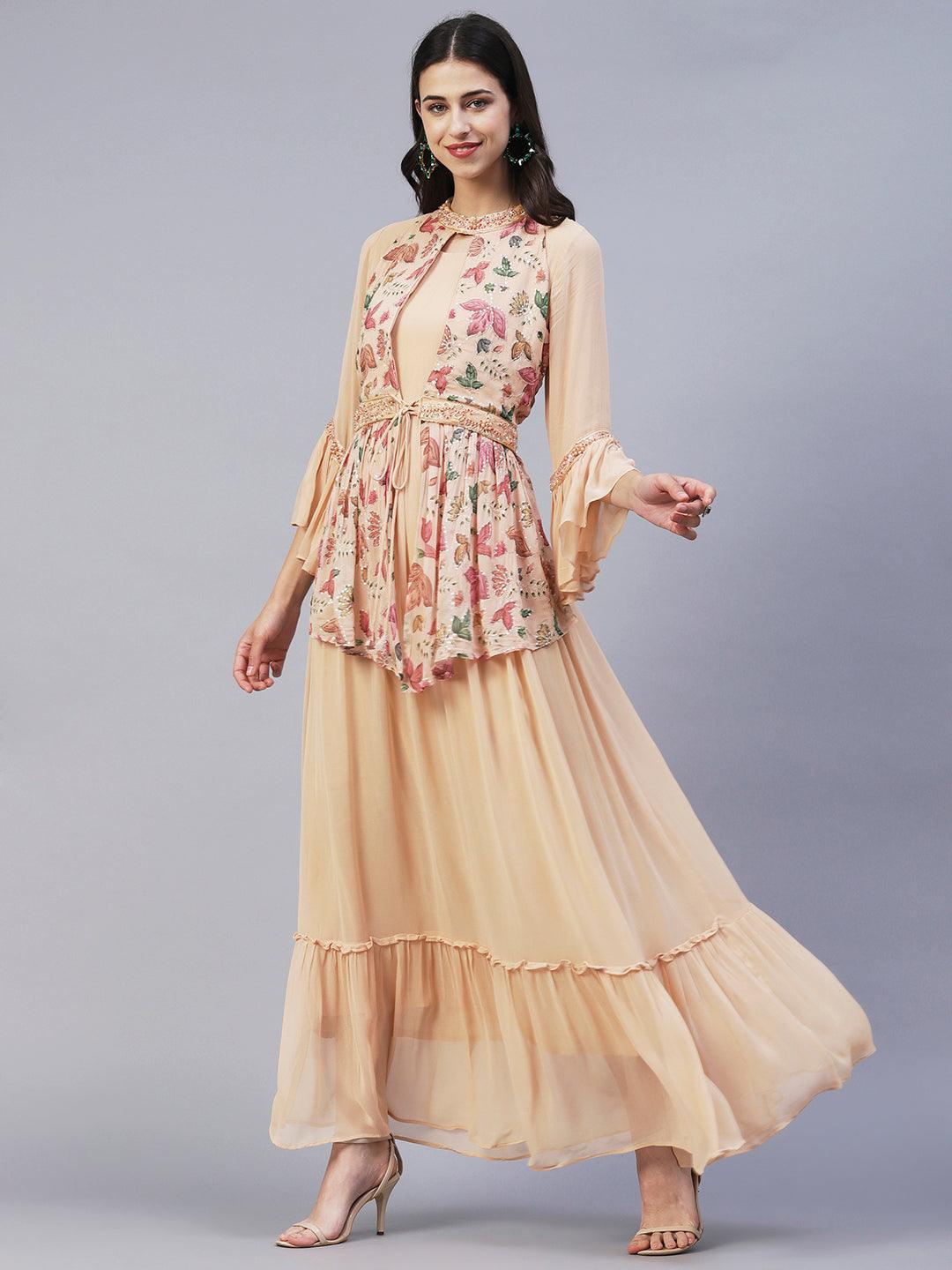 Floral Printed Embroidered Layered Dress With Attached Belt - Beige - Indiakreations