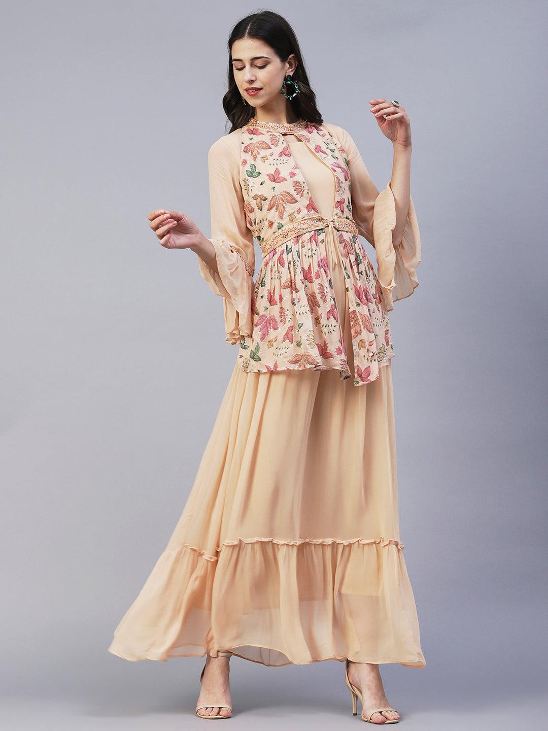 Floral Printed Embroidered Layered Dress With Attached Belt - Beige - Indiakreations