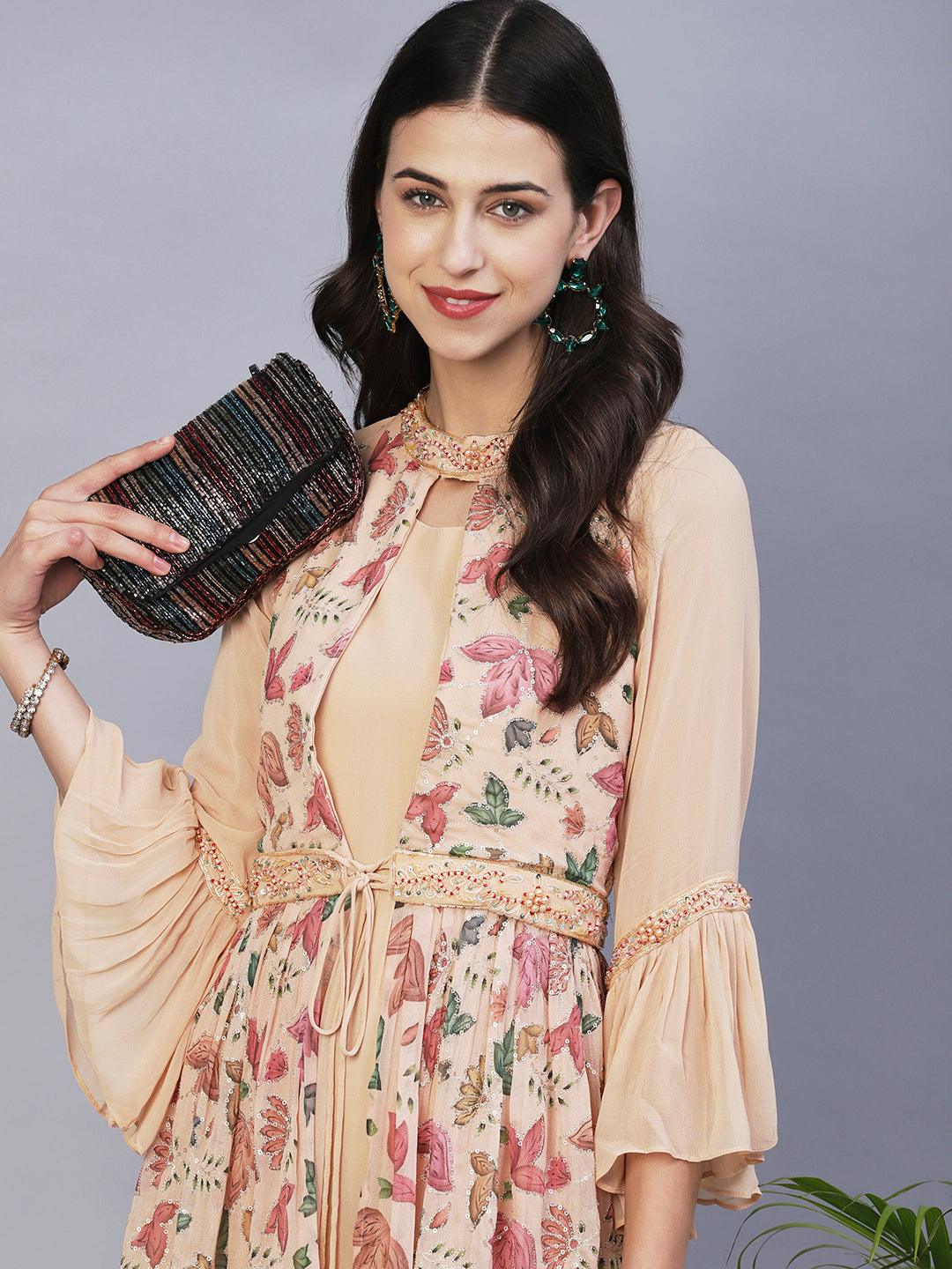 Floral Printed Embroidered Layered Dress With Attached Belt - Beige - Indiakreations