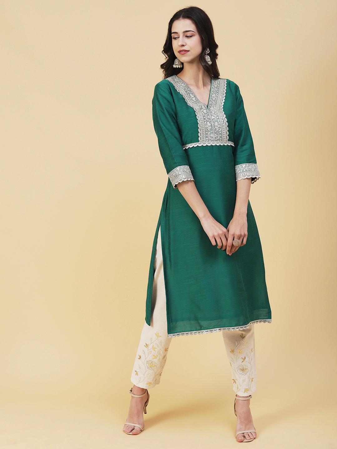 Ethnic Embroidered Straight Fit Kurta - Dark Green - Indiakreations