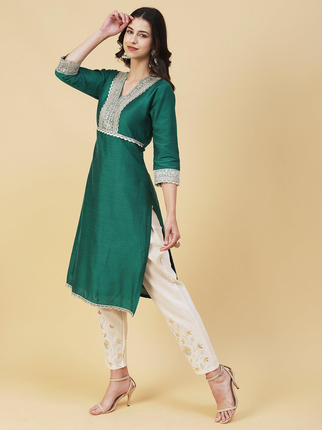 Ethnic Embroidered Straight Fit Kurta - Dark Green - Indiakreations