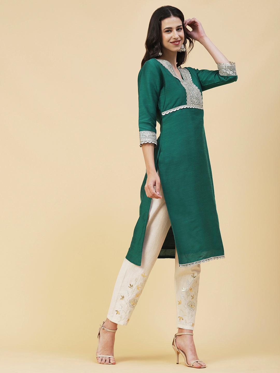 Ethnic Embroidered Straight Fit Kurta - Dark Green - Indiakreations