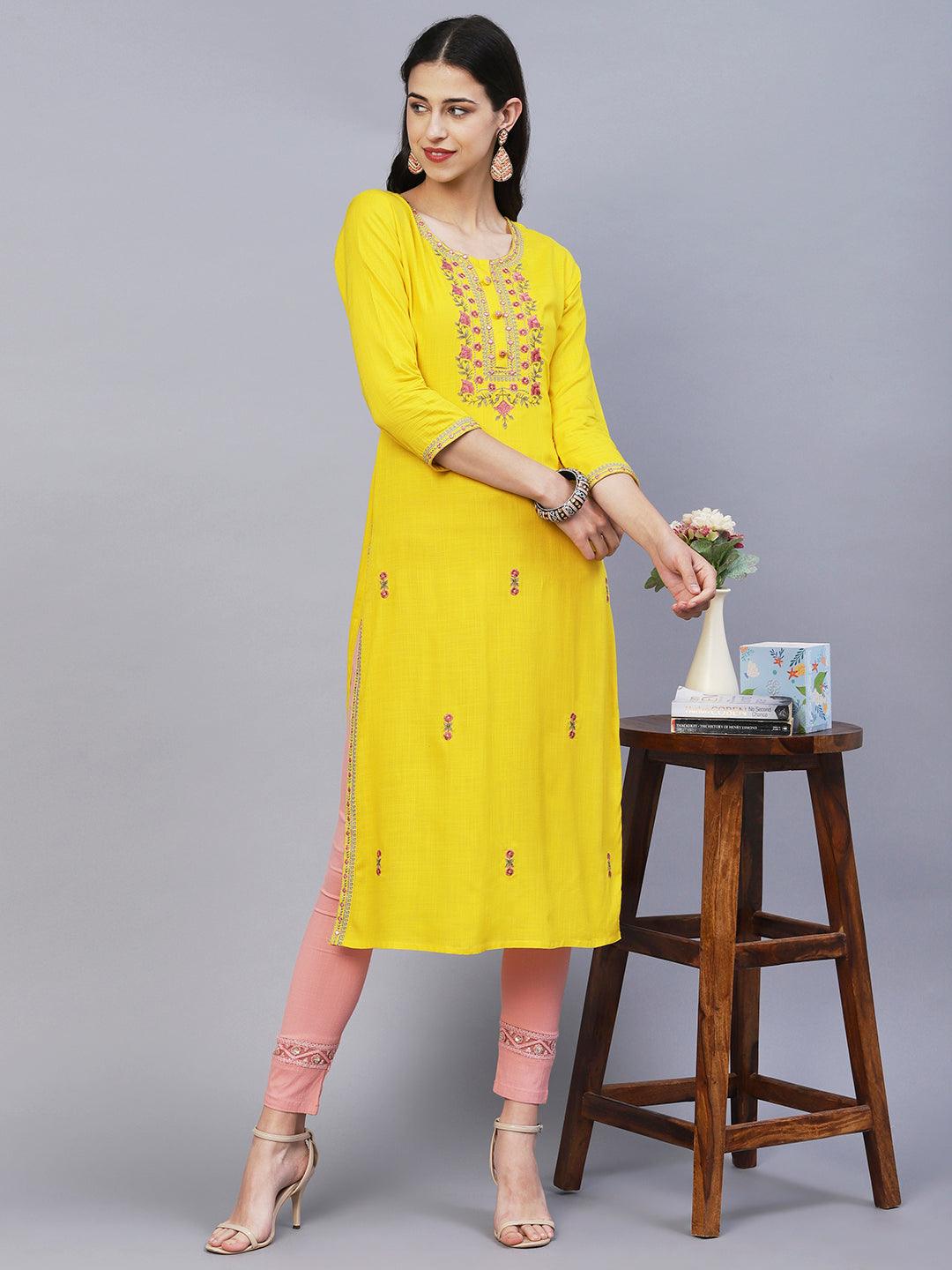 Solid Resham & Zari Embroidered Kurta - Yellow - Indiakreations