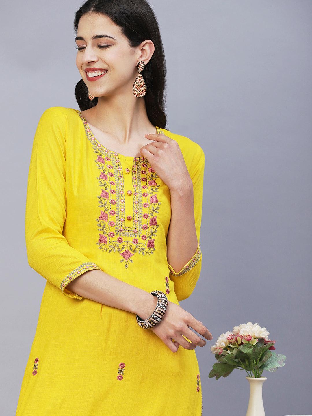 Solid Resham & Zari Embroidered Kurta - Yellow - Indiakreations