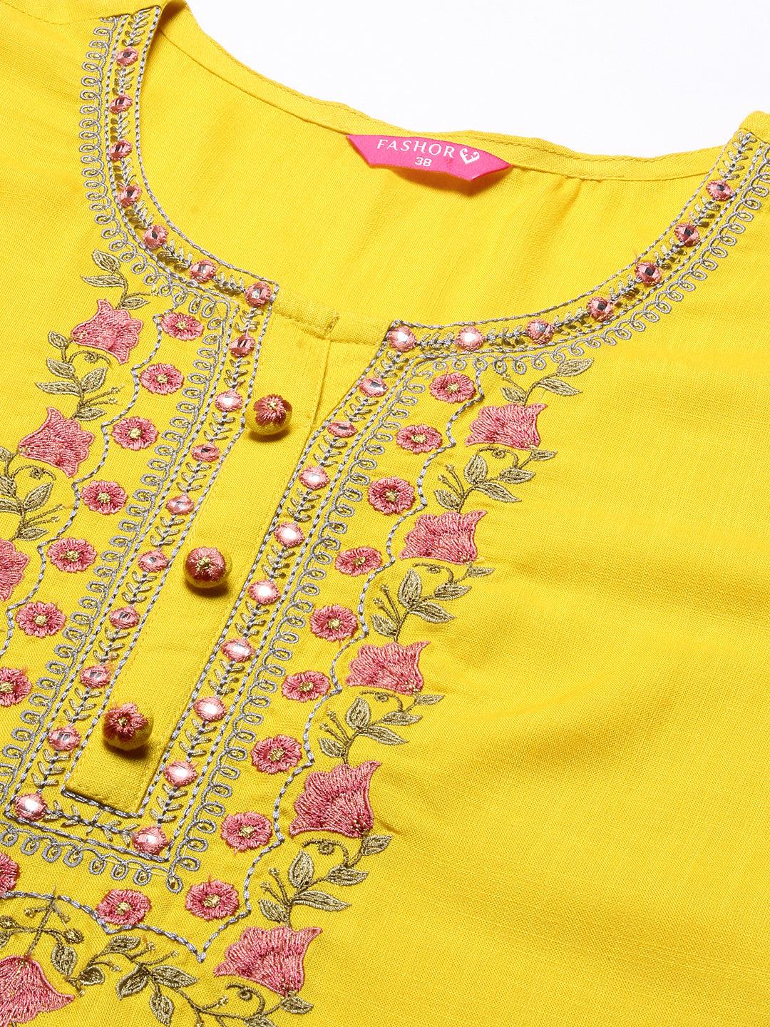 Solid Resham & Zari Embroidered Kurta - Yellow - Indiakreations