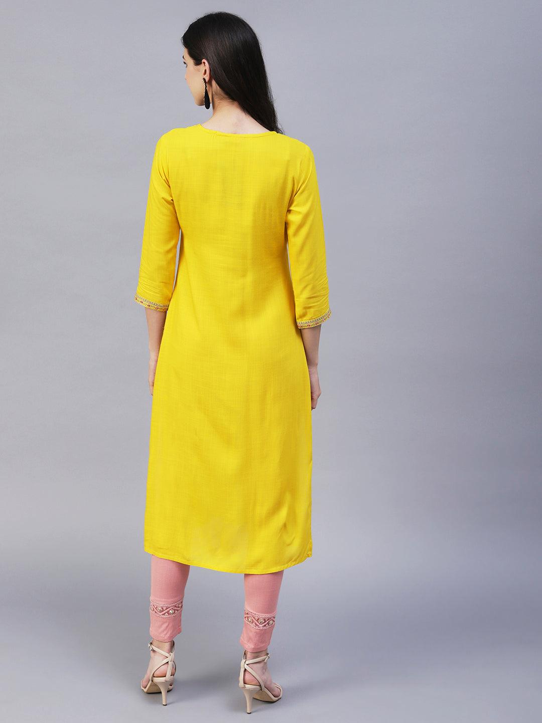 Solid Resham & Zari Embroidered Kurta - Yellow - Indiakreations