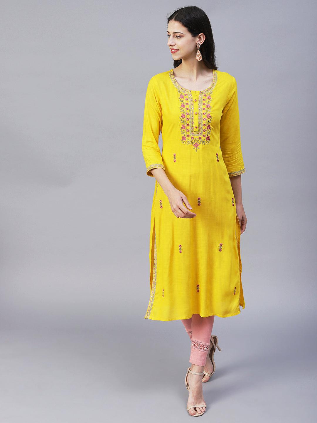 Solid Resham & Zari Embroidered Kurta - Yellow - Indiakreations