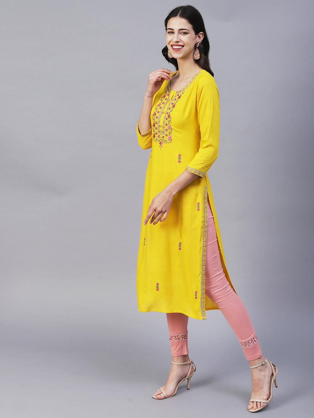 Solid Resham & Zari Embroidered Kurta - Yellow - Indiakreations