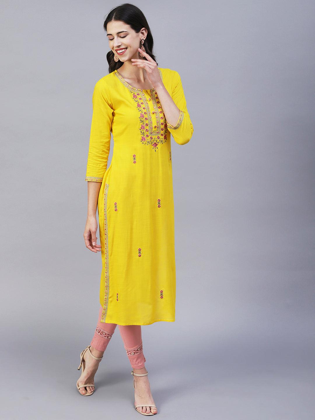 Solid Resham & Zari Embroidered Kurta - Yellow - Indiakreations