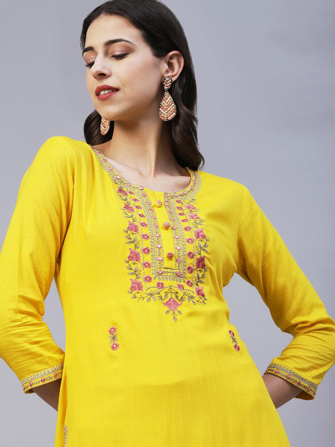 Solid Resham & Zari Embroidered Kurta - Yellow - Indiakreations