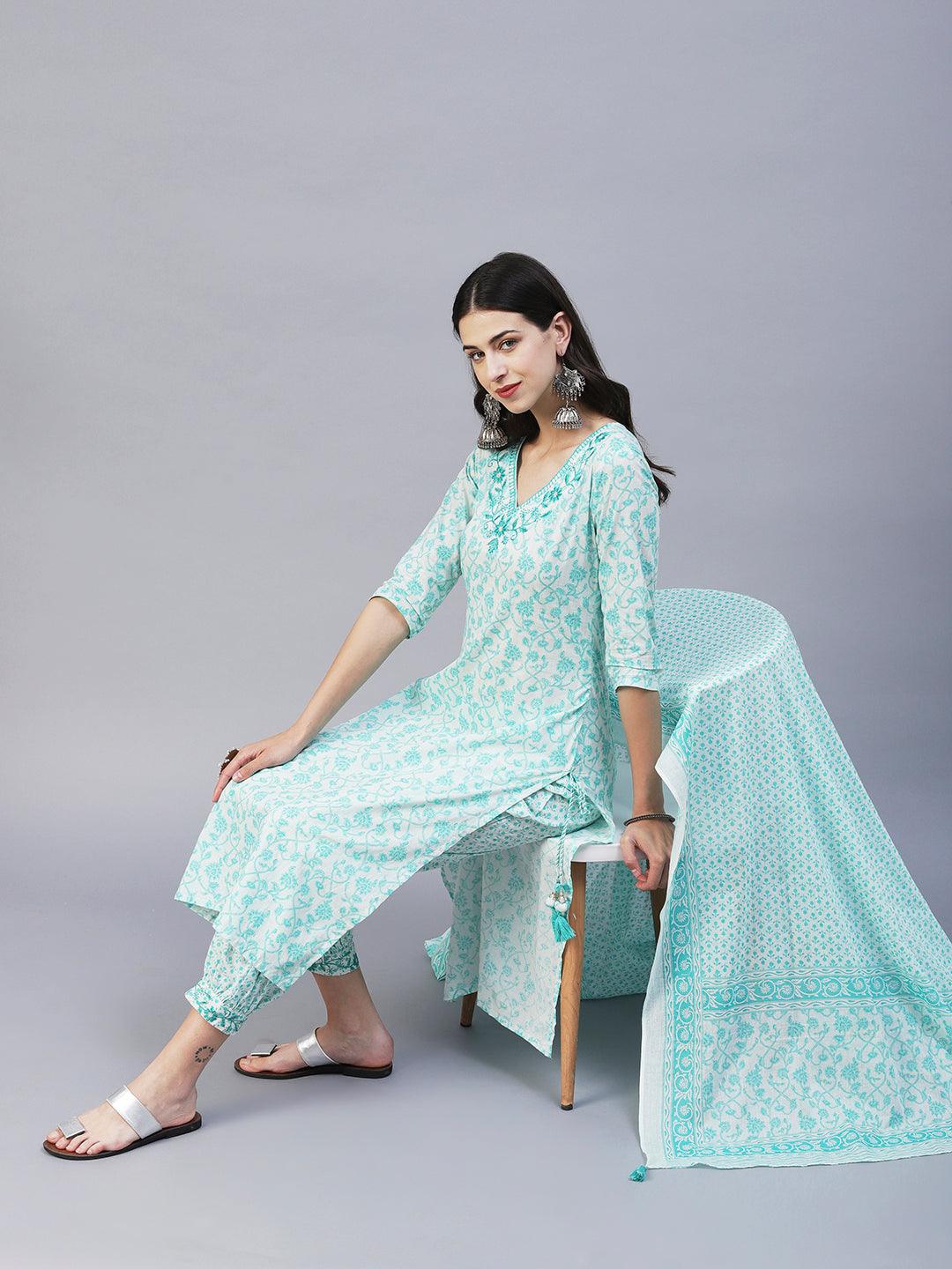 Floral Printed & Embroidered Straight Kurta with Pant & Dupatta - Turquoise Blue - Indiakreations