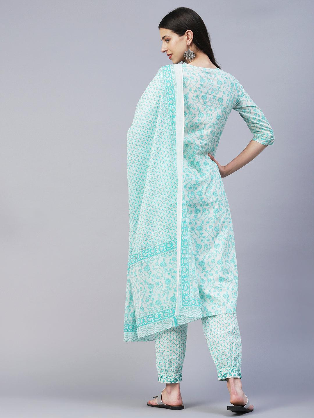 Floral Printed & Embroidered Straight Kurta with Pant & Dupatta - Turquoise Blue - Indiakreations