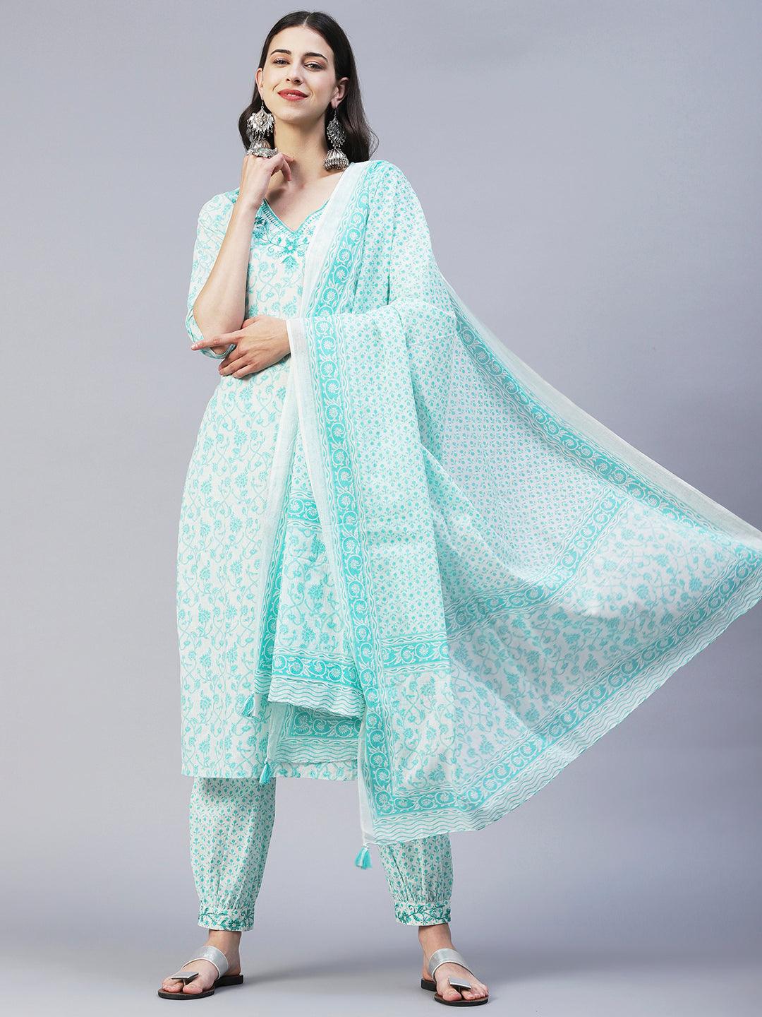 Floral Printed & Embroidered Straight Kurta with Pant & Dupatta - Turquoise Blue - Indiakreations