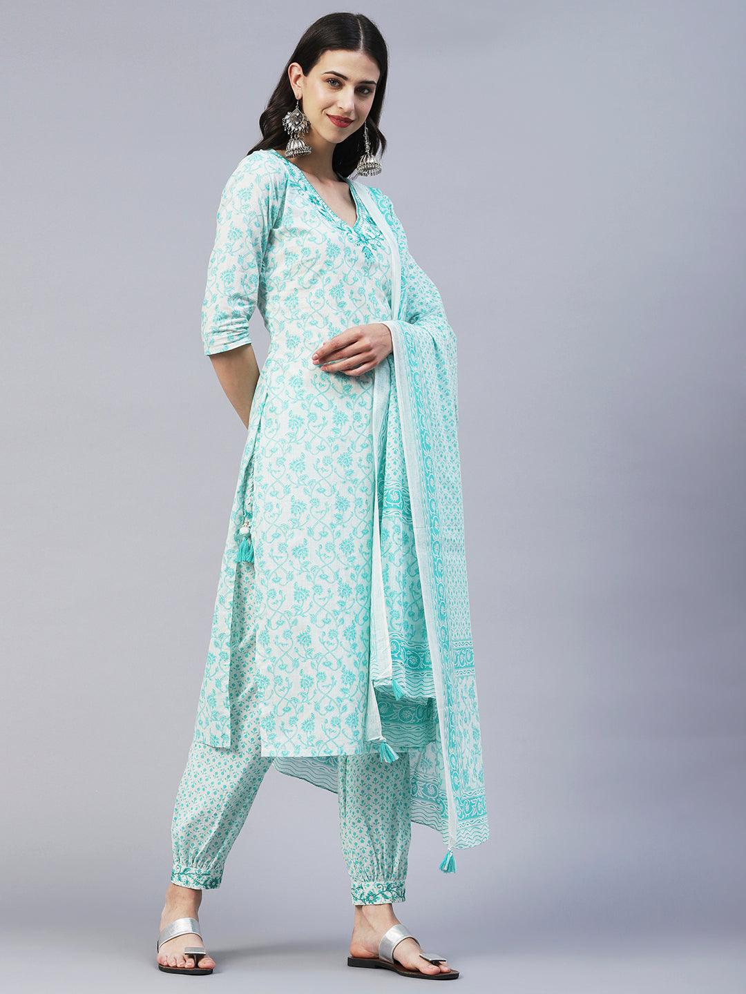 Floral Printed & Embroidered Straight Kurta with Pant & Dupatta - Turquoise Blue - Indiakreations