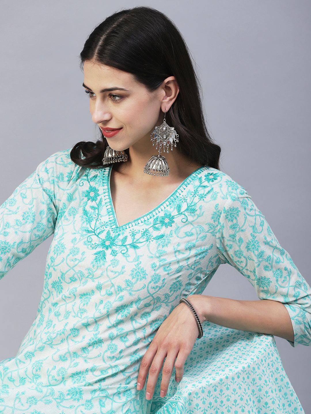 Floral Printed & Embroidered Straight Kurta with Pant & Dupatta - Turquoise Blue - Indiakreations