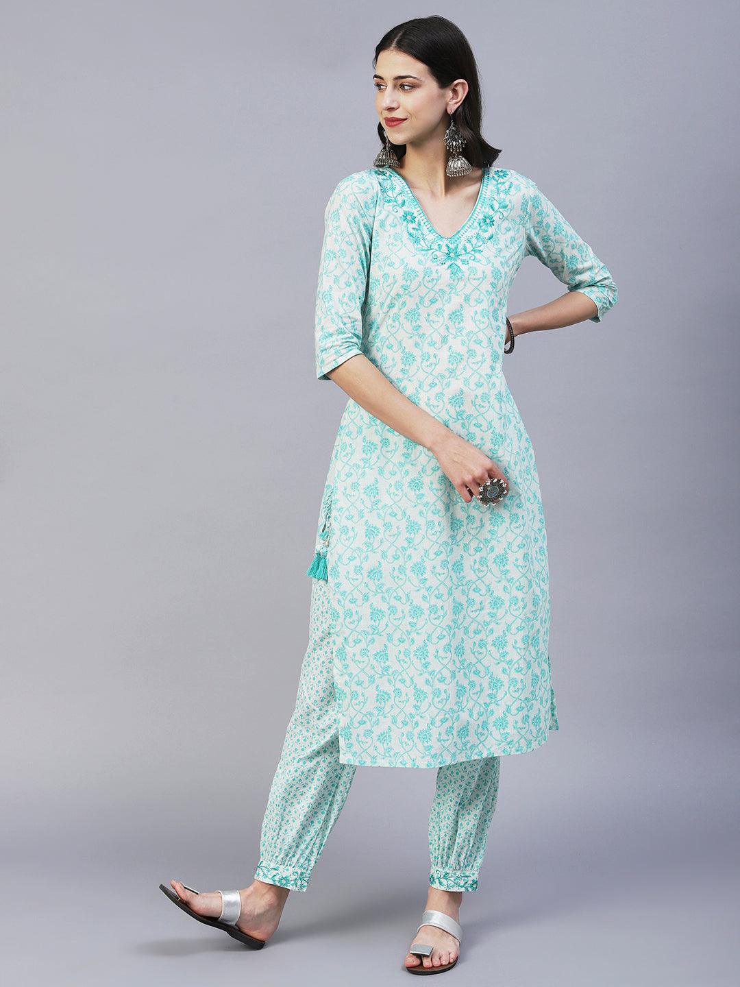 Floral Printed & Embroidered Straight Kurta with Pant & Dupatta - Turquoise Blue - Indiakreations