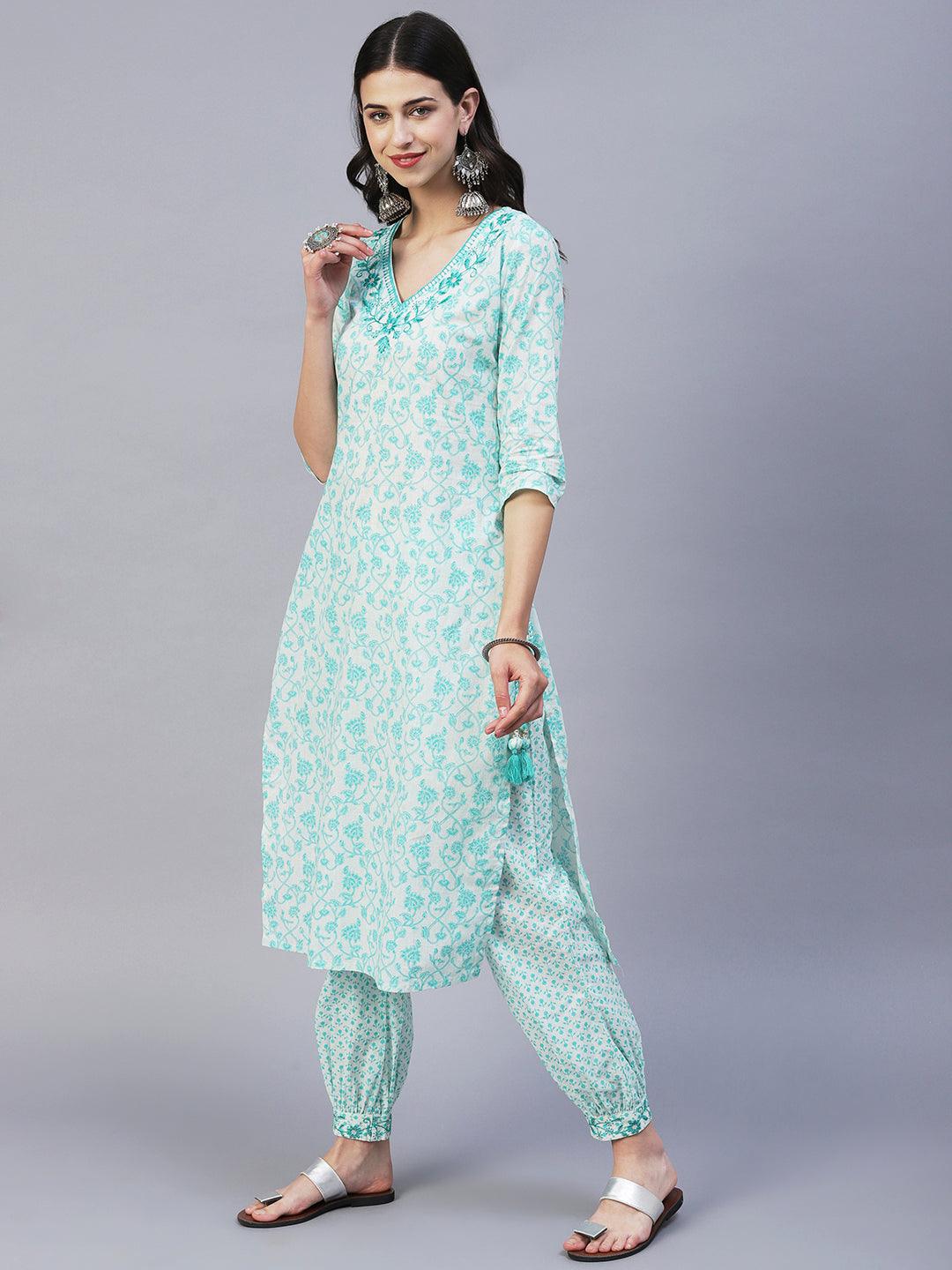 Floral Printed & Embroidered Straight Kurta with Pant & Dupatta - Turquoise Blue - Indiakreations