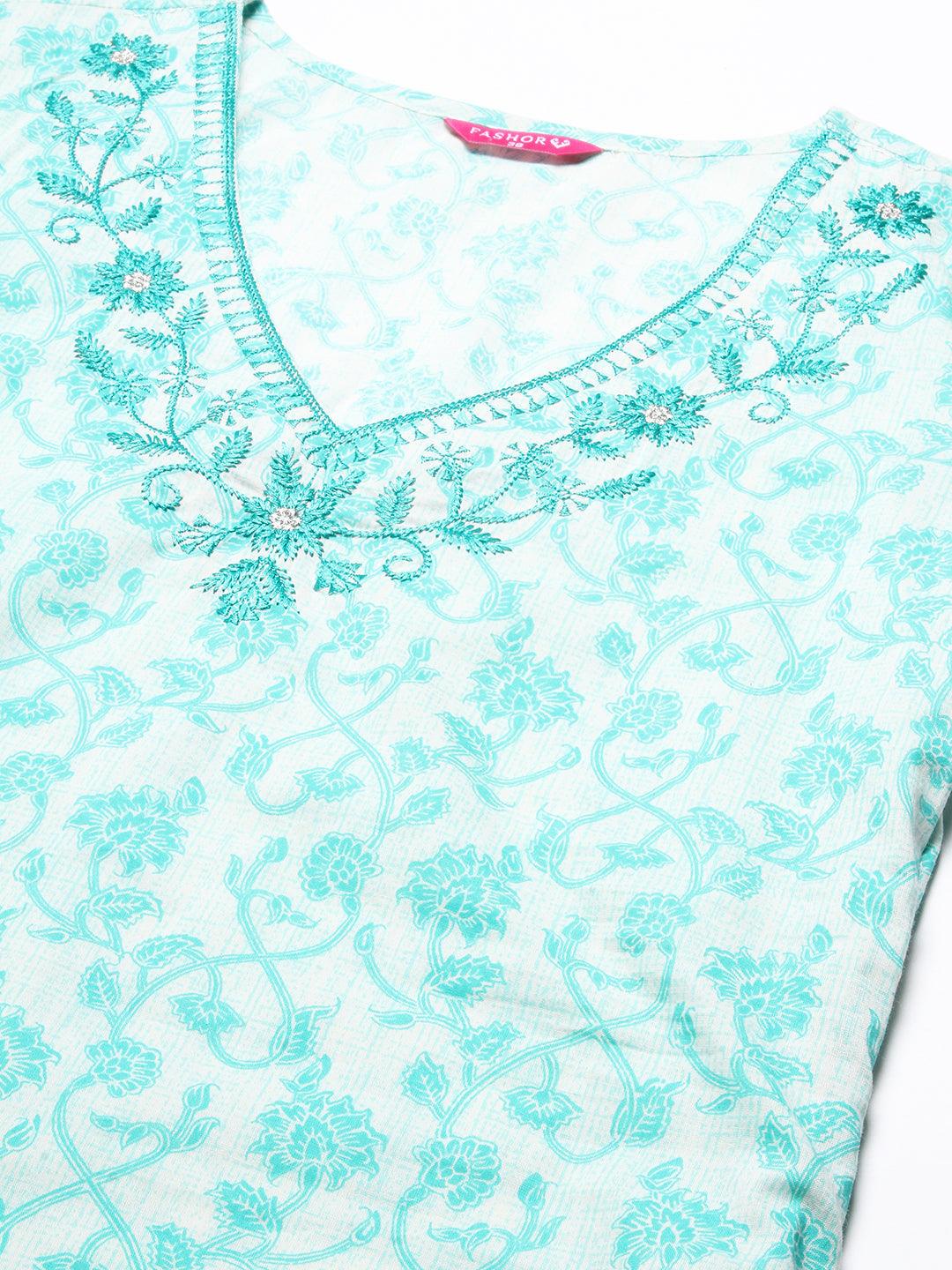 Floral Printed & Embroidered Straight Kurta with Pant & Dupatta - Turquoise Blue - Indiakreations