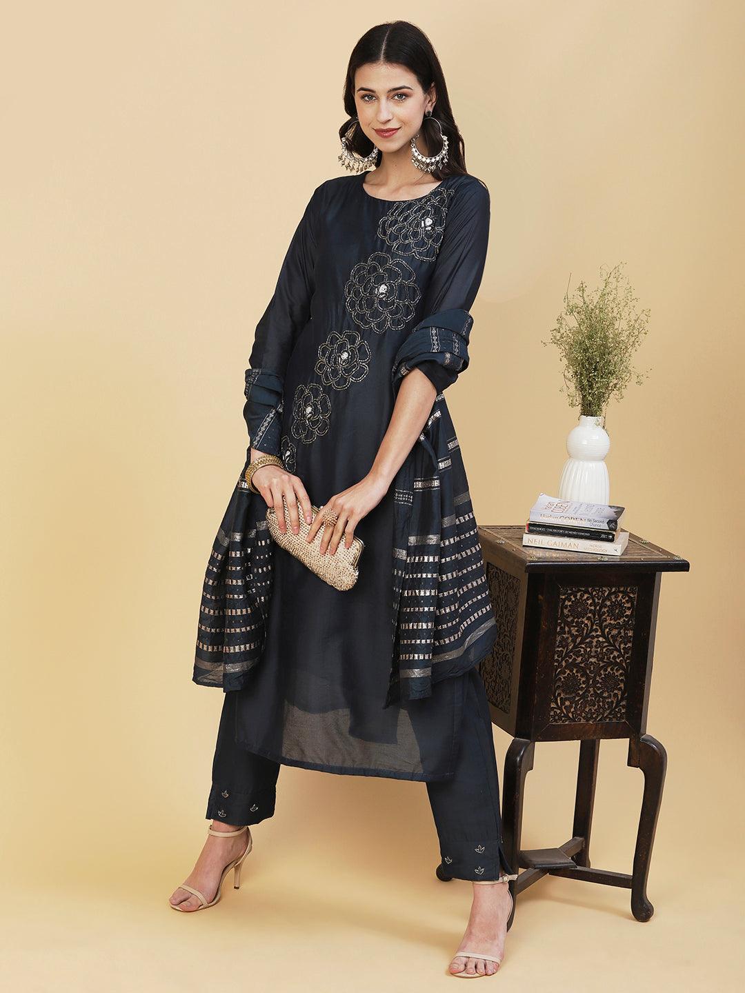 Solid Beads Embroidered Kurta With Pants & Zari Striped Dupatta - Navy Blue - Indiakreations