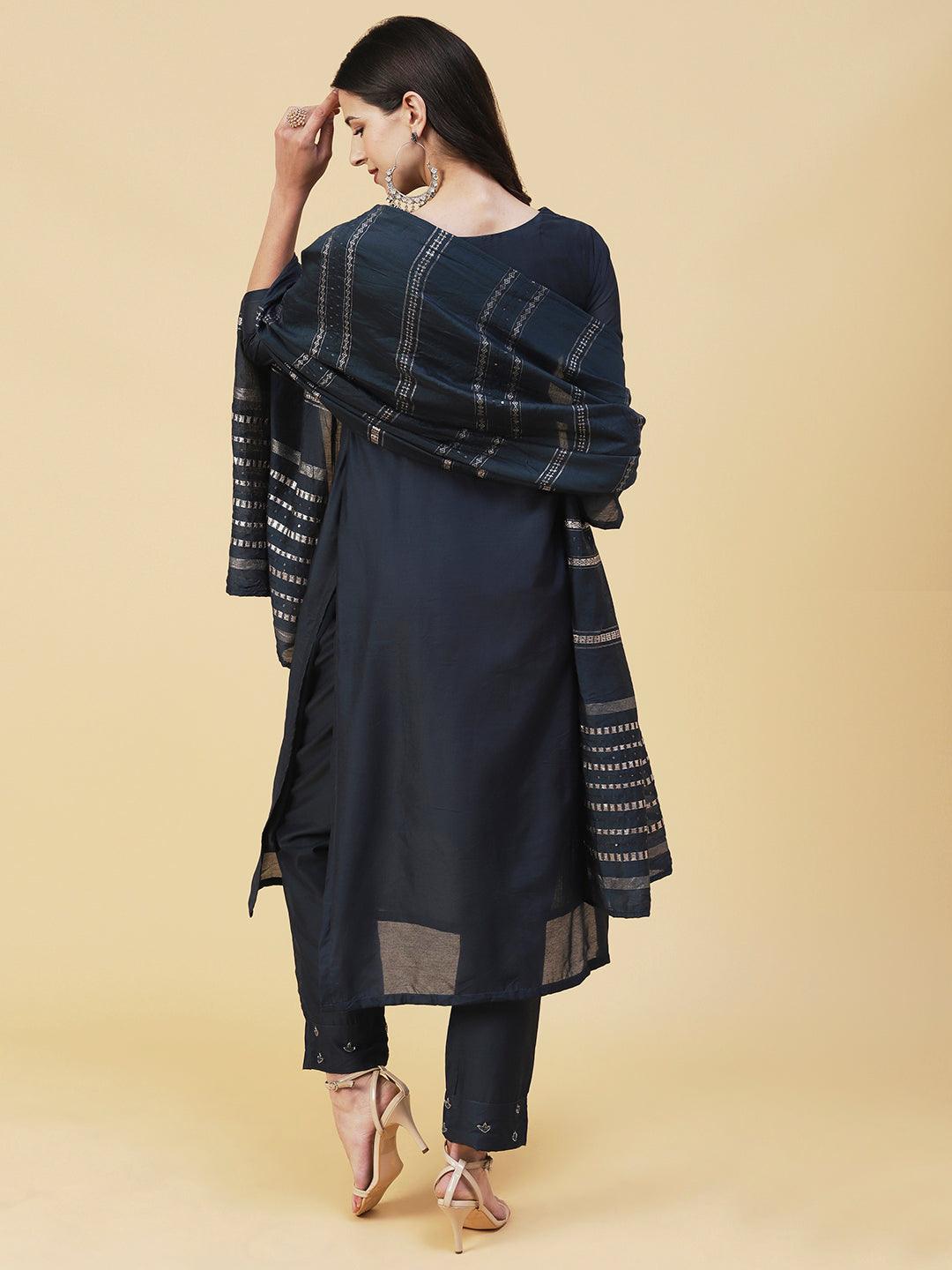 Solid Beads Embroidered Kurta With Pants & Zari Striped Dupatta - Navy Blue - Indiakreations