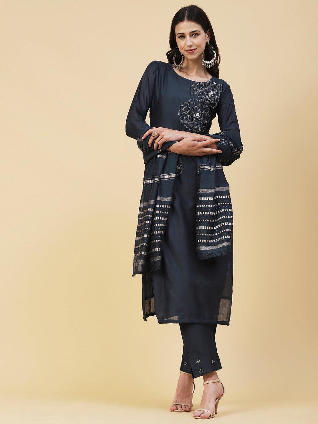 Solid Beads Embroidered Kurta With Pants & Zari Striped Dupatta - Navy Blue - Indiakreations