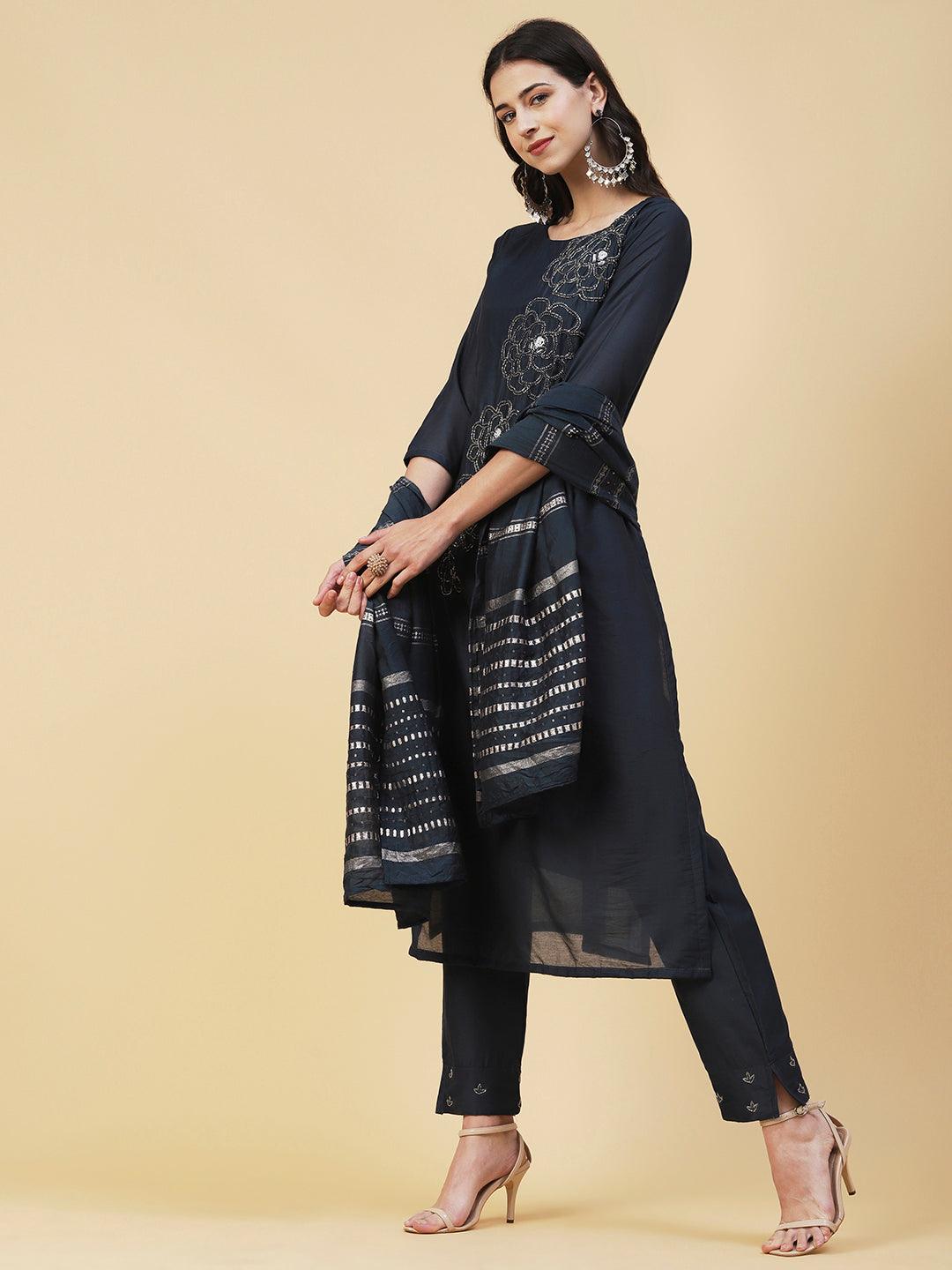 Solid Beads Embroidered Kurta With Pants & Zari Striped Dupatta - Navy Blue - Indiakreations