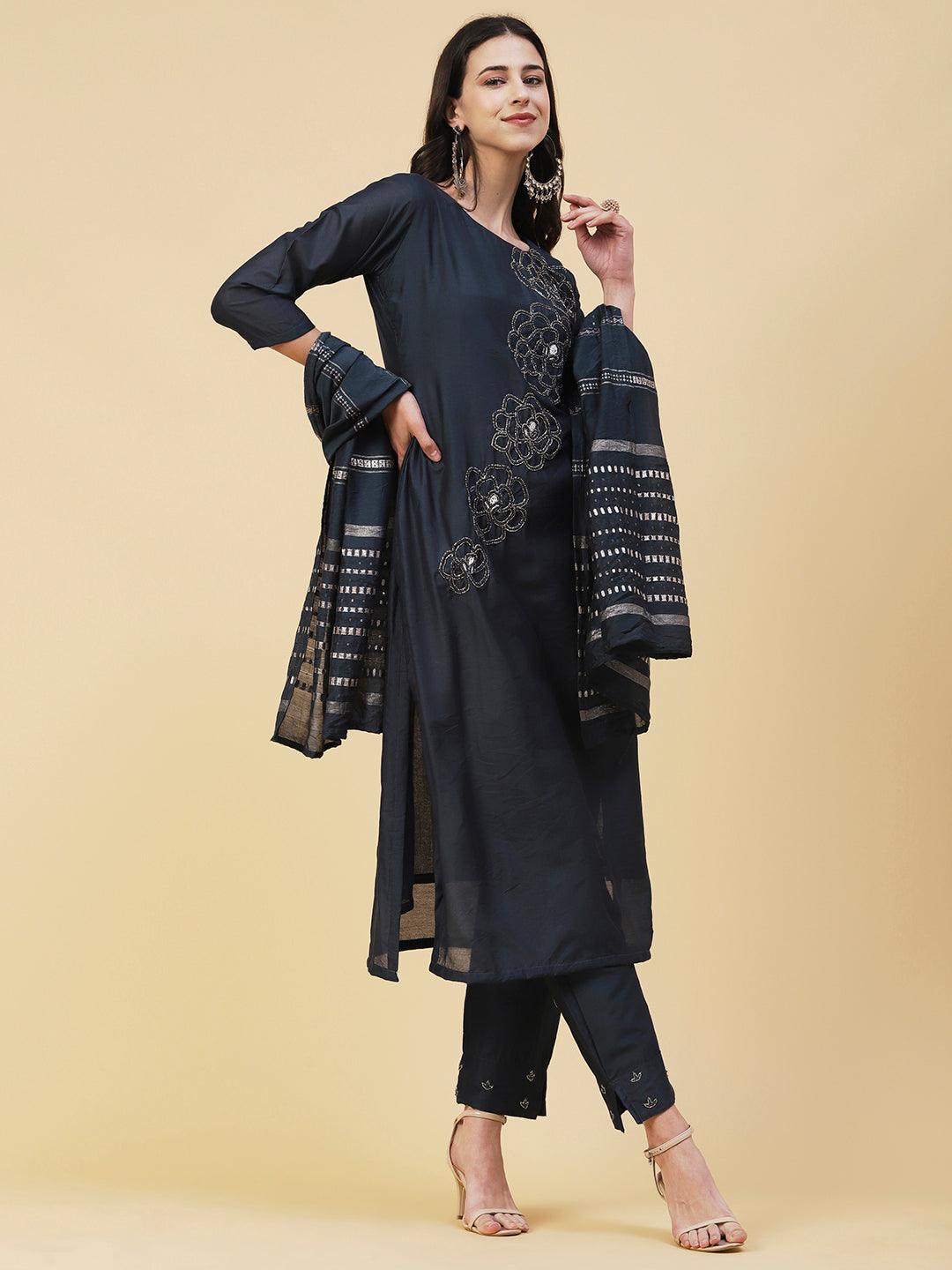 Solid Beads Embroidered Kurta With Pants & Zari Striped Dupatta - Navy Blue - Indiakreations