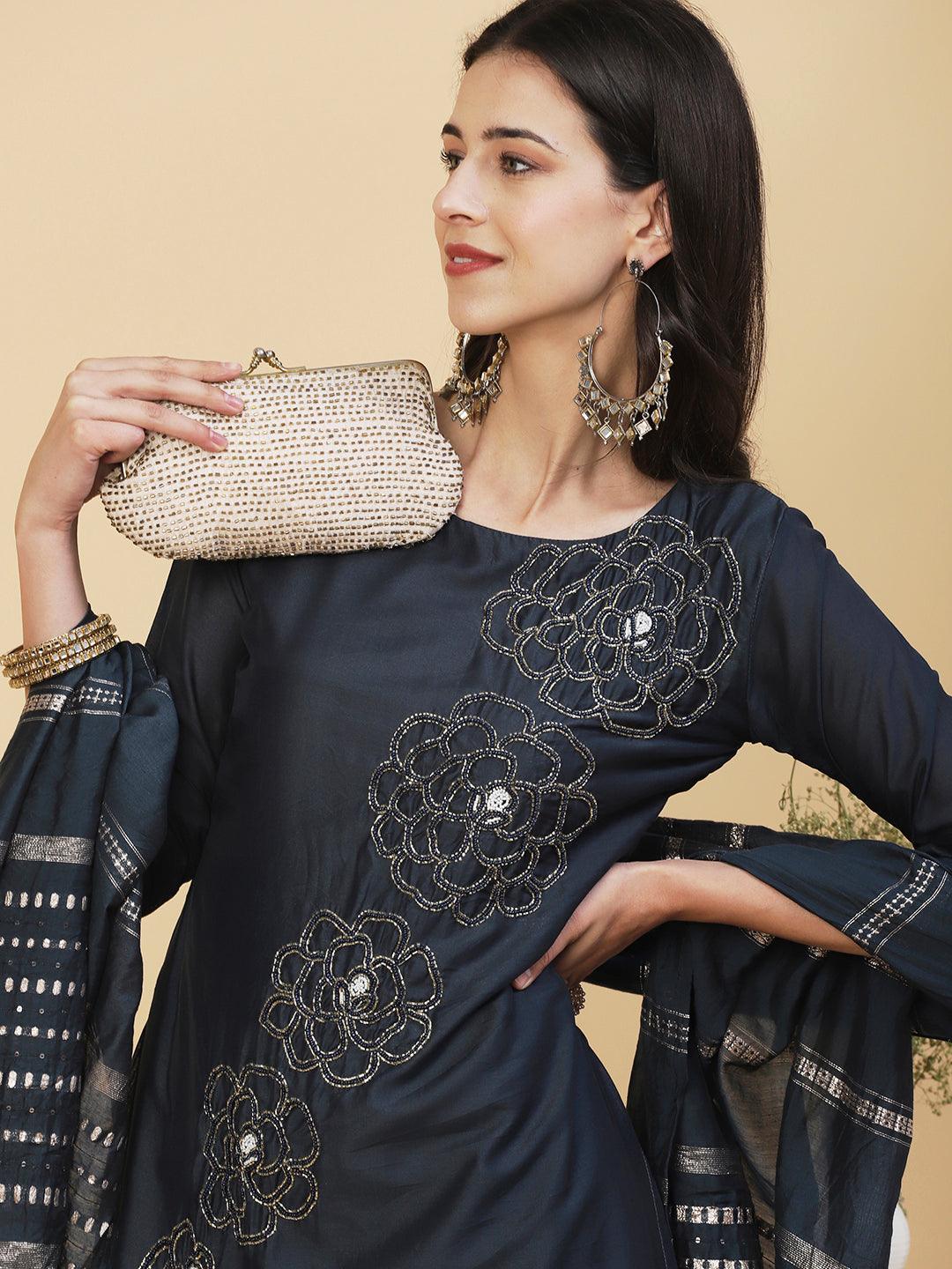 Solid Beads Embroidered Kurta With Pants & Zari Striped Dupatta - Navy Blue - Indiakreations