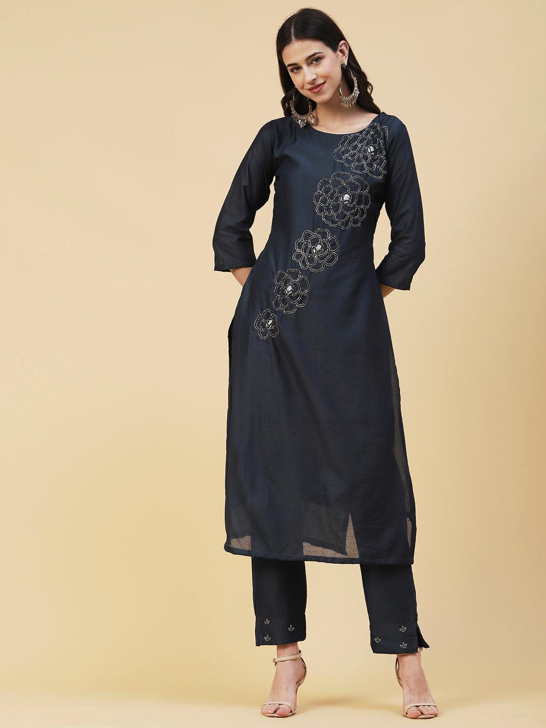 Solid Beads Embroidered Kurta With Pants & Zari Striped Dupatta - Navy Blue - Indiakreations