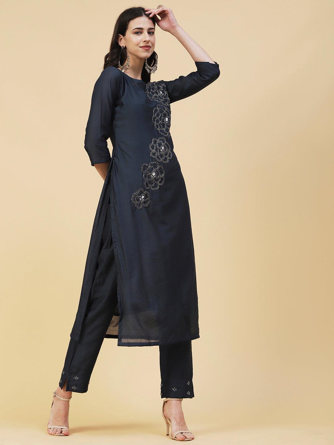 Solid Beads Embroidered Kurta With Pants & Zari Striped Dupatta - Navy Blue - Indiakreations