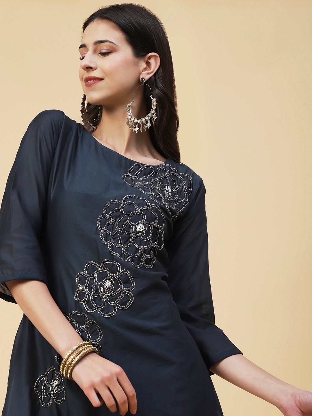 Solid Beads Embroidered Kurta With Pants & Zari Striped Dupatta - Navy Blue - Indiakreations