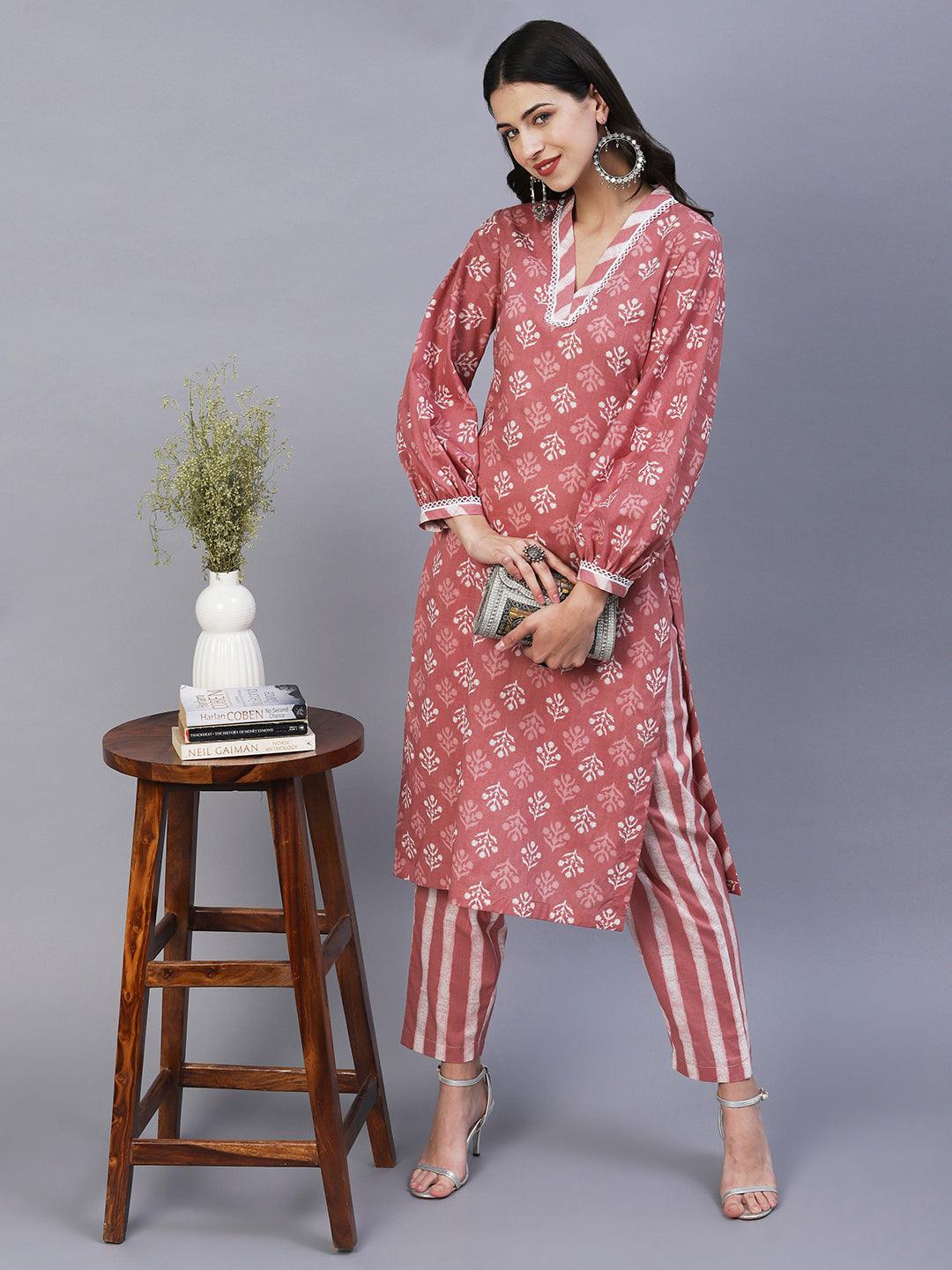 Ethnic Printed Straight Fit Kurta with Pant - Rose Gold - Indiakreations