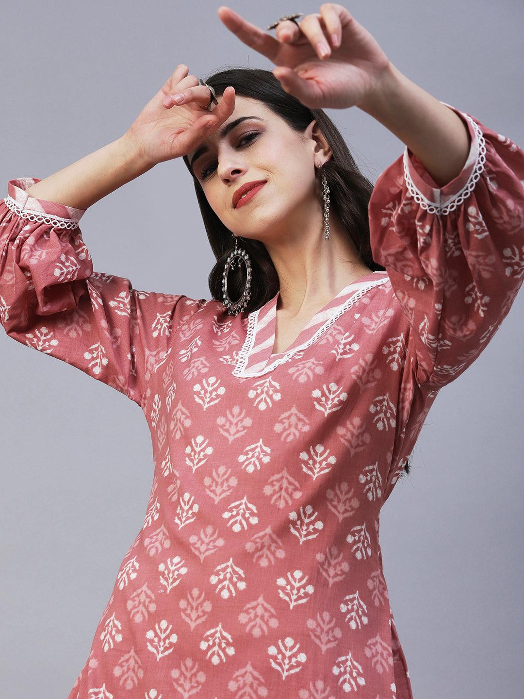 Ethnic Printed Straight Fit Kurta with Pant - Rose Gold - Indiakreations